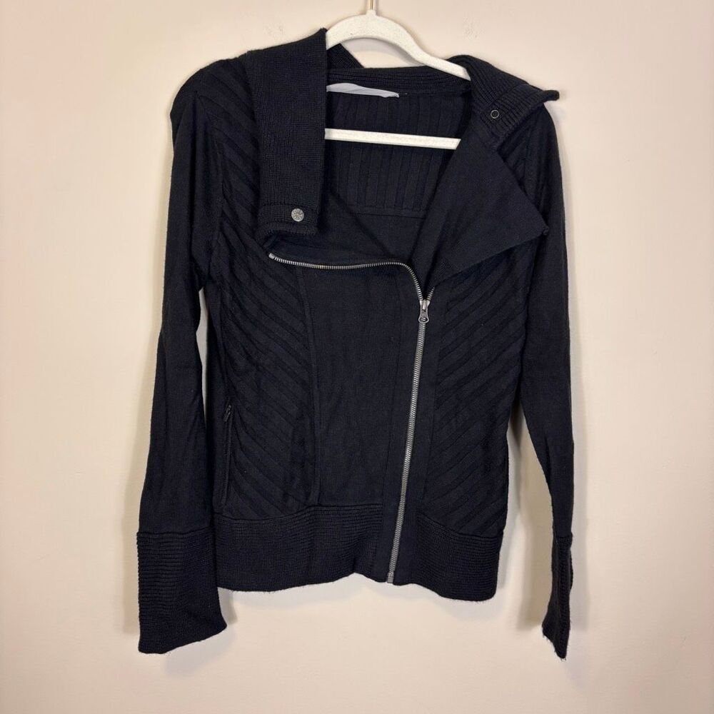 Athleta Black Nylon & Wool Asymmetrical Zip Up Sweater Women's Medium